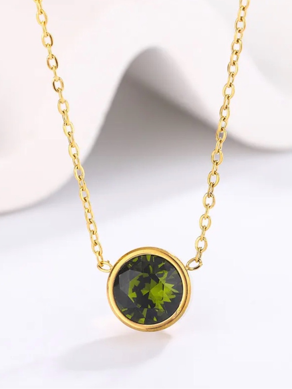 Olive Green Bezel Pendant Necklace | Gold Plated Stainless Steel